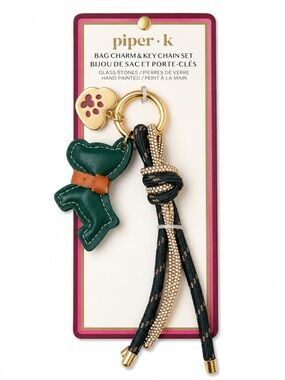 Piper Green Dog & Gold-Accent Keychain with Black and Tan Tassel